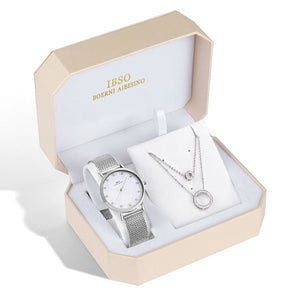 IBSO Brand Women Watch Set Silver Earring Necklace Set Female Jewelry Set Fashion Creative Crystal Quartz Watch Lady's Gift