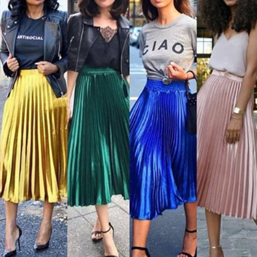 New Spring 2019 Women Long Metallic Silver Maxi Pleated Skirt Midi Skirt High Waist Casual Party Skirt Vintage Autumn Warm Skirt