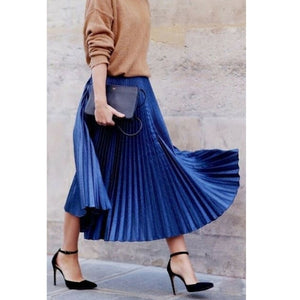 New Spring 2019 Women Long Metallic Silver Maxi Pleated Skirt Midi Skirt High Waist Casual Party Skirt Vintage Autumn Warm Skirt