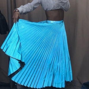 New Spring 2019 Women Long Metallic Silver Maxi Pleated Skirt Midi Skirt High Waist Casual Party Skirt Vintage Autumn Warm Skirt