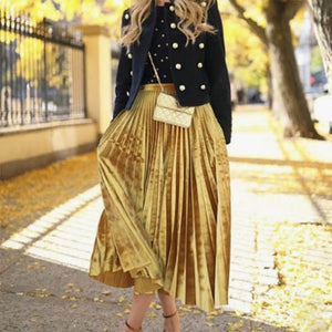 New Spring 2019 Women Long Metallic Silver Maxi Pleated Skirt Midi Skirt High Waist Casual Party Skirt Vintage Autumn Warm Skirt