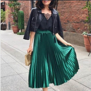 New Spring 2019 Women Long Metallic Silver Maxi Pleated Skirt Midi Skirt High Waist Casual Party Skirt Vintage Autumn Warm Skirt