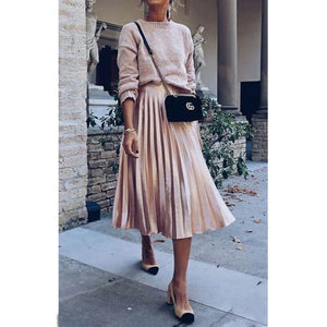 New Spring 2019 Women Long Metallic Silver Maxi Pleated Skirt Midi Skirt High Waist Casual Party Skirt Vintage Autumn Warm Skirt