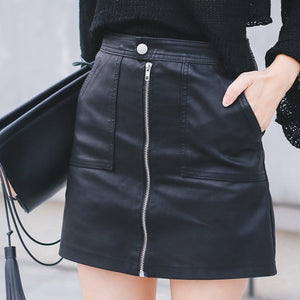 2019 Autumn Winter Women Skirt PU Leather Sexy Mini Skirt With Pockets Zipper Package Hip High Waist Women Clothing