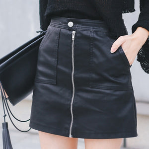 2019 Autumn Winter Women Skirt PU Leather Sexy Mini Skirt With Pockets Zipper Package Hip High Waist Women Clothing