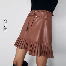 Load image into Gallery viewer, Stylish Chic Pu Leather Mini Skirt with Belt Za Fashion Women High Waist Pleated Skirts womens Casual Streetwear Party Faldas