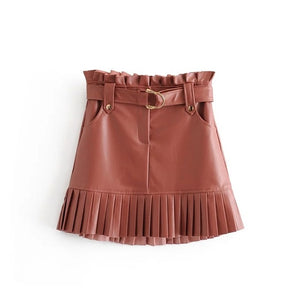 Stylish Chic Pu Leather Mini Skirt with Belt Za Fashion Women High Waist Pleated Skirts womens Casual Streetwear Party Faldas