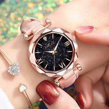 Load image into Gallery viewer, Women Watch Fashion Leather Band Ladies Quartz Wrist Watch Starry Sky Round Dial Roman Number Rhinestone Leather Band Watch