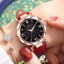 Load image into Gallery viewer, Women Watch Fashion Leather Band Ladies Quartz Wrist Watch Starry Sky Round Dial Roman Number Rhinestone Leather Band Watch