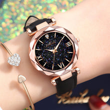 Load image into Gallery viewer, Women Watch Fashion Leather Band Ladies Quartz Wrist Watch Starry Sky Round Dial Roman Number Rhinestone Leather Band Watch