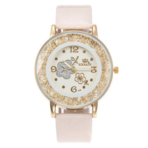 Top Brand Luxury Wristwatch Ladies Rose Pattern Leater Bracelet Watches Flower Design Gold Rhinestone Casual Watch Relojes W50