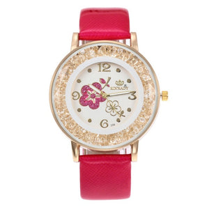 Top Brand Luxury Wristwatch Ladies Rose Pattern Leater Bracelet Watches Flower Design Gold Rhinestone Casual Watch Relojes W50