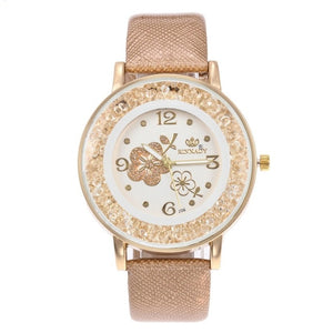 Top Brand Luxury Wristwatch Ladies Rose Pattern Leater Bracelet Watches Flower Design Gold Rhinestone Casual Watch Relojes W50