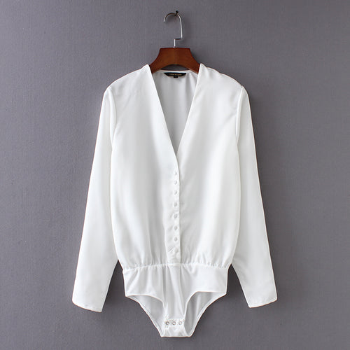 Women elegant v neck single breasted black white color bodysuits shirt casual siamese blouse playsuits feminina blusas LS2708