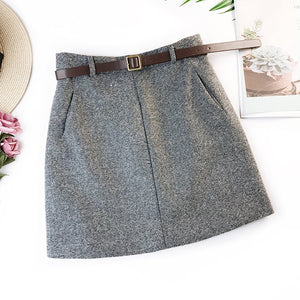 2019 Spring New Arrival Vintage Temperament High Waist A-line Office Skirts Womens With Belt Woolen Mini Skirt Free Shipping