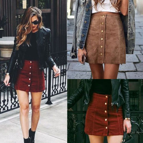 2019 Women High Waist Button Suede Leather Skirts Pocket Preppy Short Mini Skirts