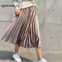 Load image into Gallery viewer, Danjeaner Spring 2019 Women Long Metallic Silver Maxi Pleated Skirt Midi Skirt High Waist Elascity Casual Party Skirt Vintage